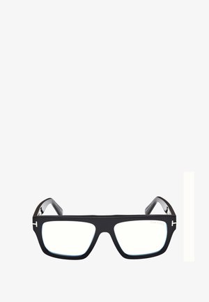 Occhiali rettangolari neri con montature ampie, accenti blu, lenti trasparenti e logo Tom Ford sulle aste, caratterizzati da una finitura liscia.