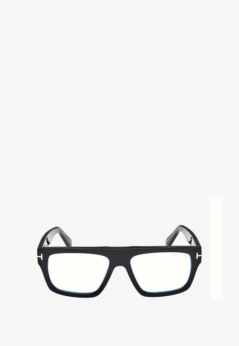 Occhiali rettangolari neri con montature ampie, accenti blu, lenti trasparenti e logo Tom Ford sulle aste, caratterizzati da una finitura liscia.