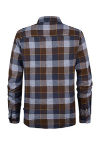 Camisa de manga larga a cuadros con una mezcla de colores azul oscuro, gris y marrón, con cuello y puños abotonados que tienen una costura de contraste.