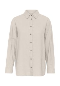 Light beige long-sleeve shirt made from linen, featuring a classic collar, button front, and a relaxed fit with buttoned cuffs.