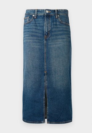 Denim midi skirt in dark blue with a front slit, five pockets, and contrast stitching. Features a button and zipper closure at the waist.