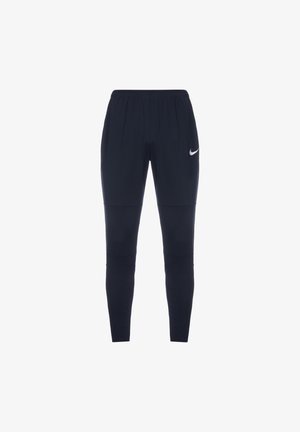 Marineblauwe sportbroek met een elastische tailleband, aansluitend ontwerp, soepele textuur en een wit Nike-logo op de bovenste linker dij.
