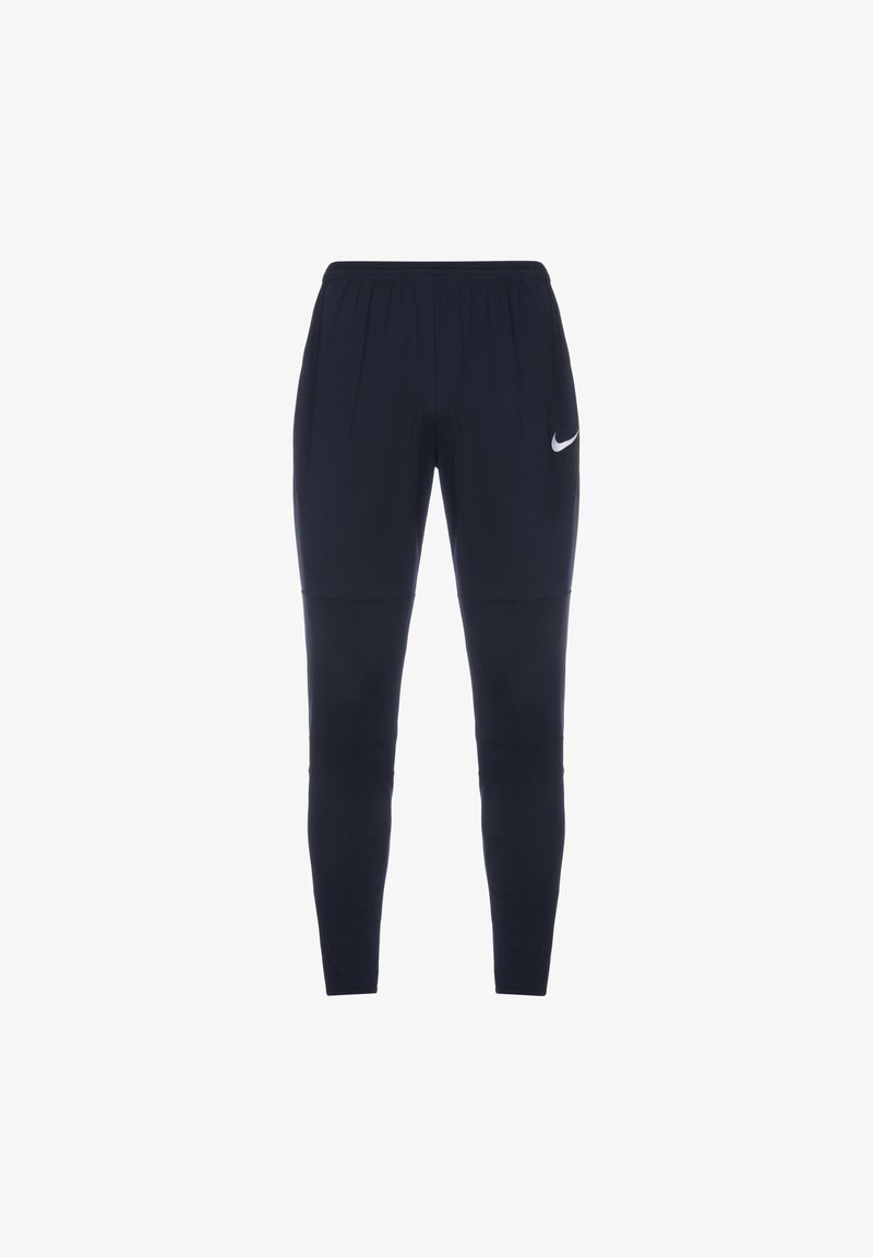 Pantaloni sportivi blu navy con vita elastica, design aderente, texture liscia e logo Nike bianco sulla coscia sinistra.