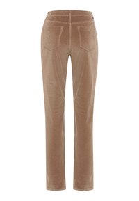 Bruine corduroy broek met een rechte pasvorm, voorzien van twee achterzakken en een soepele textuur. Geen zichtbare hardware.