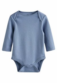 Body dla niemowląt z długim rękawem w miękkim, jasnoniebieskim kolorze. Posiada okrągły dekolt, zapięcie na napy na dole oraz ściągacze na rękawach.
