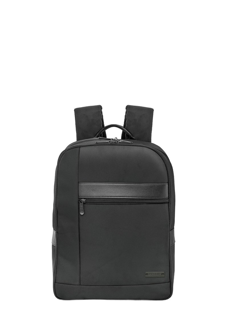 Mochila negra con dos correas para los hombros acolchadas, compartimento principal con cremallera, bolsillo frontal y un diseño texturizado elegante. Tejido duradero con acentos de cuero.