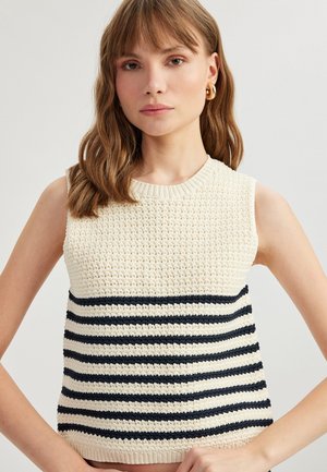 Knit sleeveless sweater in cream with navy horizontal stripes. Features a textured bodice, ribbed neckline, and a fitted hem.