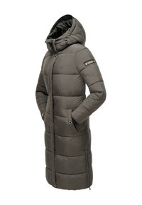 Long, dark grey puffer coat with a hood. Features a zip closure, side pockets, and ribbed cuffs. Quilted design adds texture and warmth.