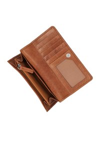 Brązowy skórzany portfel, posiadający sześć przegródek na karty, jedną przezroczystą kieszeń na dowód tożsamości, kieszeń na zamek oraz widoczny teksturowany wzór.