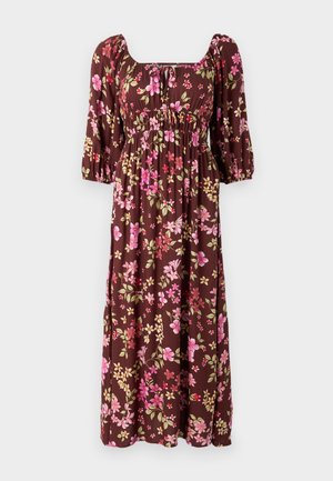 Rochie maxi floral maro, cu mâneci bufante, decolteu pătrat și bust plisat, cu modele de flori roz și galbene. Material moale.