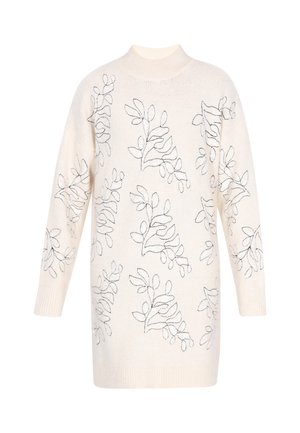 Cremefarbener Pullover mit Stehkragen, der mit schwarzem Blattstickerei in einem sich wiederholenden Muster verziert ist. Lange Ärmel und strukturiertes Strickmaterial.