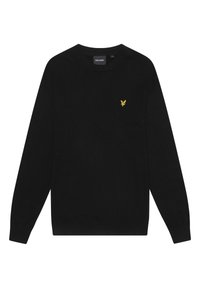 Schwarzer Strickpullover mit langen Ärmeln, Rundhalsausschnitt, mit einem kleinen gelben Adler-Logo auf der linken Brust. Weiche Textur und bequemer Sitz.