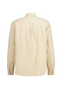 Camicia a maniche lunghe beige chiaro realizzata in tessuto testurizzato. Presenta un colletto classico, polsini con bottoni e un dettaglio a pieghe sul retro.