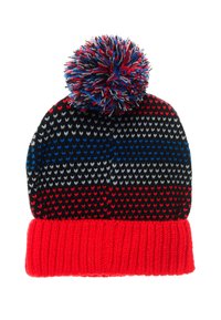 Bonnet tricoté avec un revers en côtes rouge et un corps à motifs noir, gris et bleu, surmonté d'un pompon multicolore.