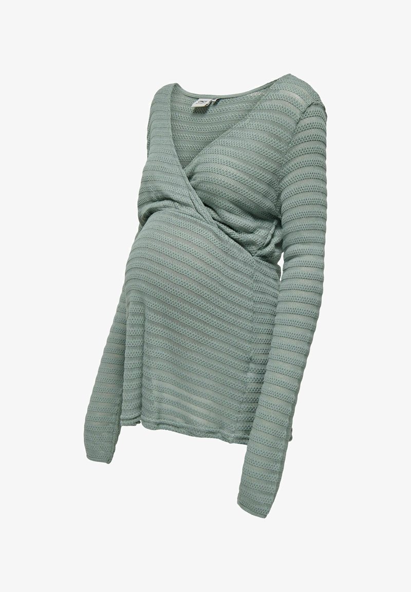 Pull de maternité en maille vert clair avec manches longues et décolleté en V cache-cœur.