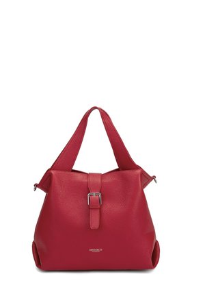 Sac à main en cuir rouge avec larges poignées, sangle à boucle sur le devant et logo "Diana&Co Firenze" au centre avant.