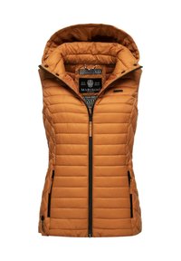 Svetlucavi narančasti prsluk bez rukava s kapuljačom, s horizontalnom quilted teksturom, prednjim zatvaračem i crnim bočnim džepovima. Oznaka marke vidljiva iznutra.