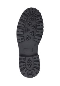 Zwarte rubberen zool met een robuust, gestructureerd patroon dat driehoekige en rechthoekige profielgroeven voor grip bevat. Maatindicatie inbegrepen.