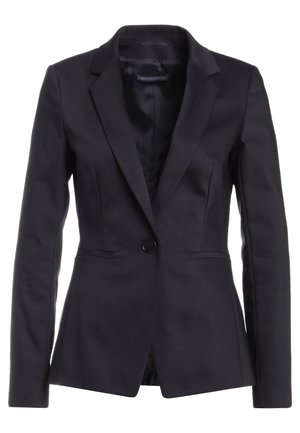 Blazer noir ajusté avec une fermeture à un bouton, revers crantés, deux poches avant et une doublure intérieure en satin lisse.