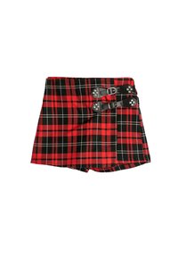 Mini-jupe à carreaux rouge et noir, avec deux boucles noires et des clous argentés. Fabriquée en tissu avec une finition texturée, vue de face.