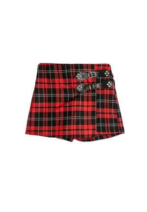 Mini-jupe à carreaux rouge et noir, avec deux boucles noires et des clous argentés. Fabriquée en tissu avec une finition texturée, vue de face.