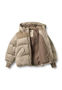Beige Daunenjacke mit einem Cordpanel auf der Vorderseite, gerippten Bündchen und einer Kapuze. Sie verfügt über einen Reißverschluss und ein braunes Innenfutter.