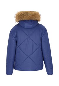 Blaue gepolsterte Jacke mit einer Kapuze mit Kunstpelzbesatz, diamantgequilteter Oberfläche und langen Ärmeln. Rückansicht wird gezeigt, um die Designelemente zu präsentieren.