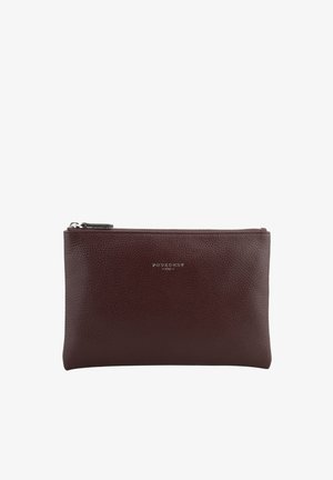 Pochette zippée en cuir brun foncé texturé avec fermeture éclair en métal argenté et petit nom de marque embossé « Pourchet 1905 » au centre.