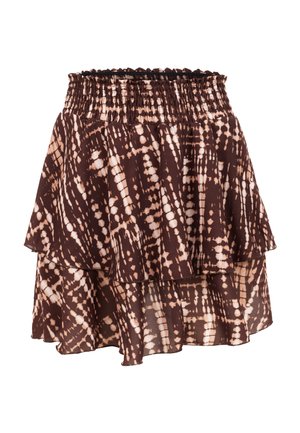 Ruskea ja beige kerroksellinen tie-dye-kuvioitu hame, jossa on smokattu joustava vyötärönauha ja hulmuava kangas.