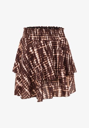 Brun og beige lagdelt nederdel med tie-dye mønster, smocket elastik i taljen og flydende stof.