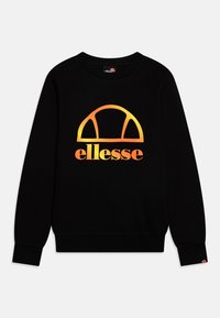 Svart långärmad sweatshirt med orange-gul ellesse-logotyp och halvcirkelmönster på bröstet, ribbade ärmslut och rundad halsringning.