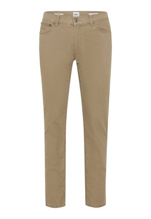 Beige lige pasform chinos lavet af bomuldsblandingsstof. Har fem lommer, frontlynlås og knaplukning med subtil tekstureret mønster.