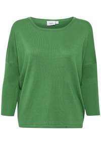 Zielony dzianinowy pulower z szerokim dekoltem, rękawami o długości do łokcia i luźnym krojem. Teksturowana tkanina z prążkowanymi akcentami na rękawach.