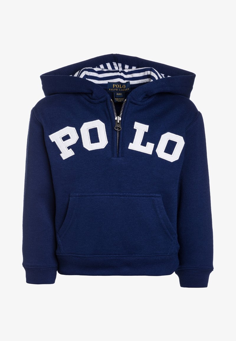 Felpa con cappuccio in pile blu navy con lettering bianco "POLO". Presenta una tasca frontale e una fodera a righe all'interno del cappuccio. Chiusura con zip.