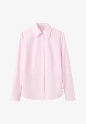 Svetlo roza dolg rokav s koničastim ovratnikom, gumbi spredaj in mehko teksturo. Prilagojen dizajn z ravnim robom in manšetami na rokavih.