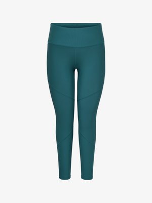 Grünblaugrüne Leggings mit hohem Bund und Nahtdetails rund um Knie und Waden, gefertigt aus glattem, dehnbarem Stoff.