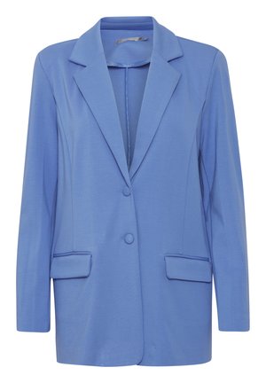 Lichtblauw blazert met een notch revers, twee voorzakken en twee knopen. Zachte textuur en op maat gemaakte pasvorm, met lange mouwen.