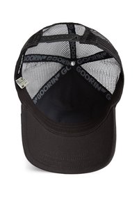 Black baseball cap with mesh back, curved brim, and internal branding tape. Soft fabric with a structured shape. Adjustable strap at back.