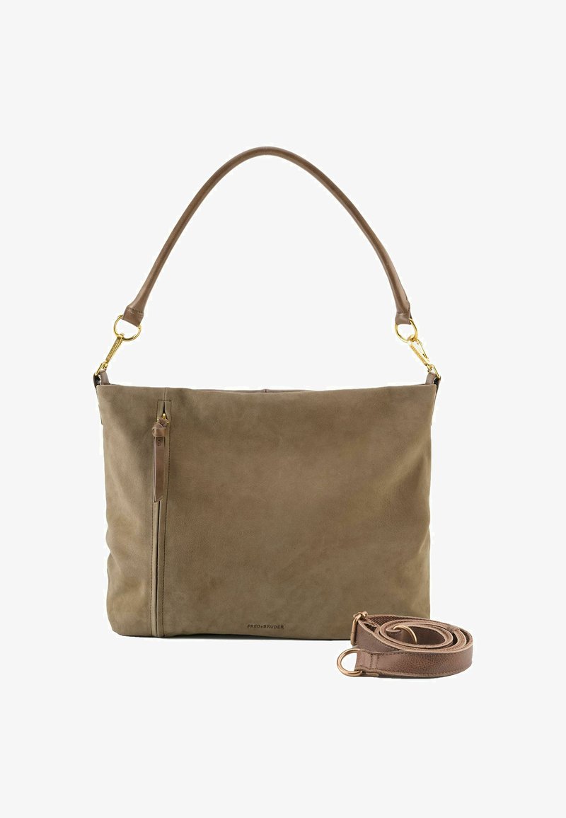 Borsa a tracolla in camoscio marrone con una sola tracolla, tasca frontale con zip e tracolla in pelle removibile. Presenta dettagli in hardware dorato.