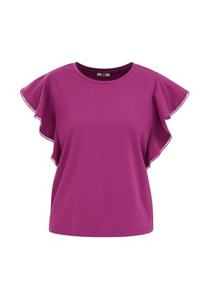 Lila Bluse mit kurzen Ärmeln, Rundhalsausschnitt und Rüschen an den Ärmeln, die mit kleinem kreisförmigen Besatz an den Kanten verziert sind.