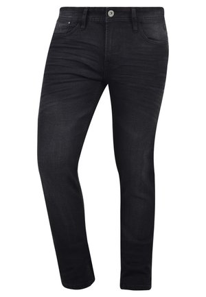 Jean slim pour homme en denim délavé foncé, avec un design à cinq poches standard, fermeture à bouton et un léger effet dégradé sur les jambes.