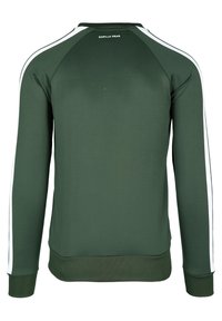 Grüner Pullover aus glattem Stoff, mit weißen Seitenstreifen, gerippten Bündchen und einem runden Ausschnitt mit "GORILLA WEAR" Logo auf der Rückseite.