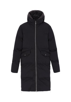 Czarna kurtka puchowa z kapturem, przednim zamkiem, dwiema bocznymi kieszeniami z klapami oraz lekko błyszczącą powierzchnią. Gładki, ocieplany materiał.