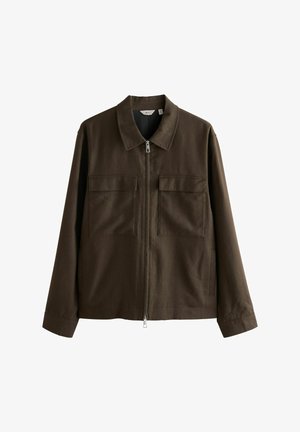 Braune Jacke aus gewobenem Stoff mit Kragen, Frontreißverschluss, zwei großen Brusttaschen und geradem Schnitt mit langen Ärmeln.