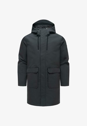 Schwarzer, knie-langer wasserdichter Parka mit verstellbarer Kapuze, Kordelzügen, Frontreißverschluss und zwei großen vorderen Klappentaschen.