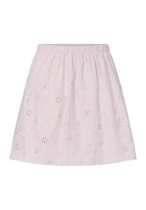 Jupe trapèze rose clair avec ceinture élastique, présentant un délicat motif floral à jour sur toute la surface.