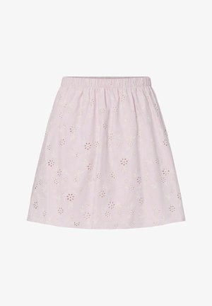 Lyserød A-formet nederdel med elastisk talje, der har et delikat hulmønster med blomster over det hele.