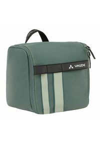 Groene nylon tas in rechthoekige vorm, met een bovenhandvat, zwart VAUDE-logo en lichtgroene horizontale strepen. Gestikte pipingen zichtbaar.