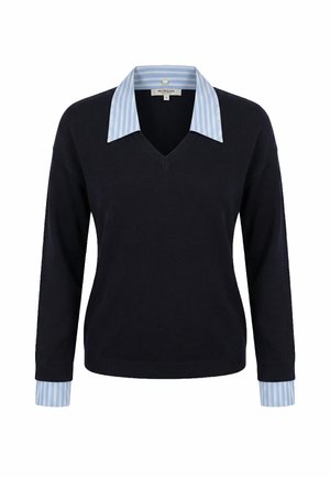 Maglione nero a scollo a V indossato sopra una camicia a righe blu e bianche con colletto e polsini coordinati visibili.