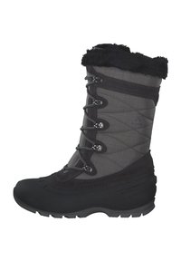 Schwarzer wasserdichter Schneestiefel mit einer gesteppten grauen Oberseite, einem Kragen aus Kunstfell und metallischen Ösen für die Schnürsenkel, ausgestattet mit einer strukturierten Gummisohle.
